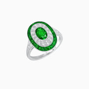 Art Deco Style Oval Ring with French-Cut Gemstone Halo and Diamond Accents - Shahin Jewelry